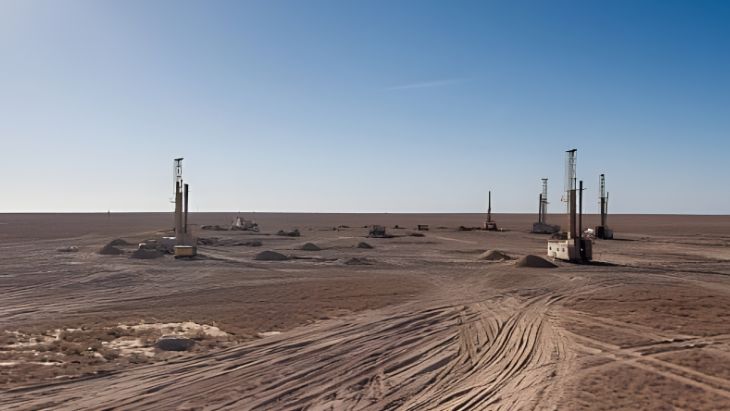Slika prikazuje rudarjenje urana z metodo luženja v rudišču (ISL) v Kazahstanu, natančneje v rudniku Inkai. 