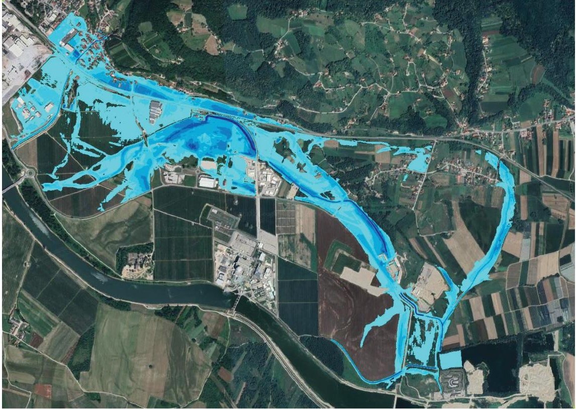 Prikaz poplavljanja Potočnice v zaledju NEK zaradi največjih možnih lokalnih padavin (2022)